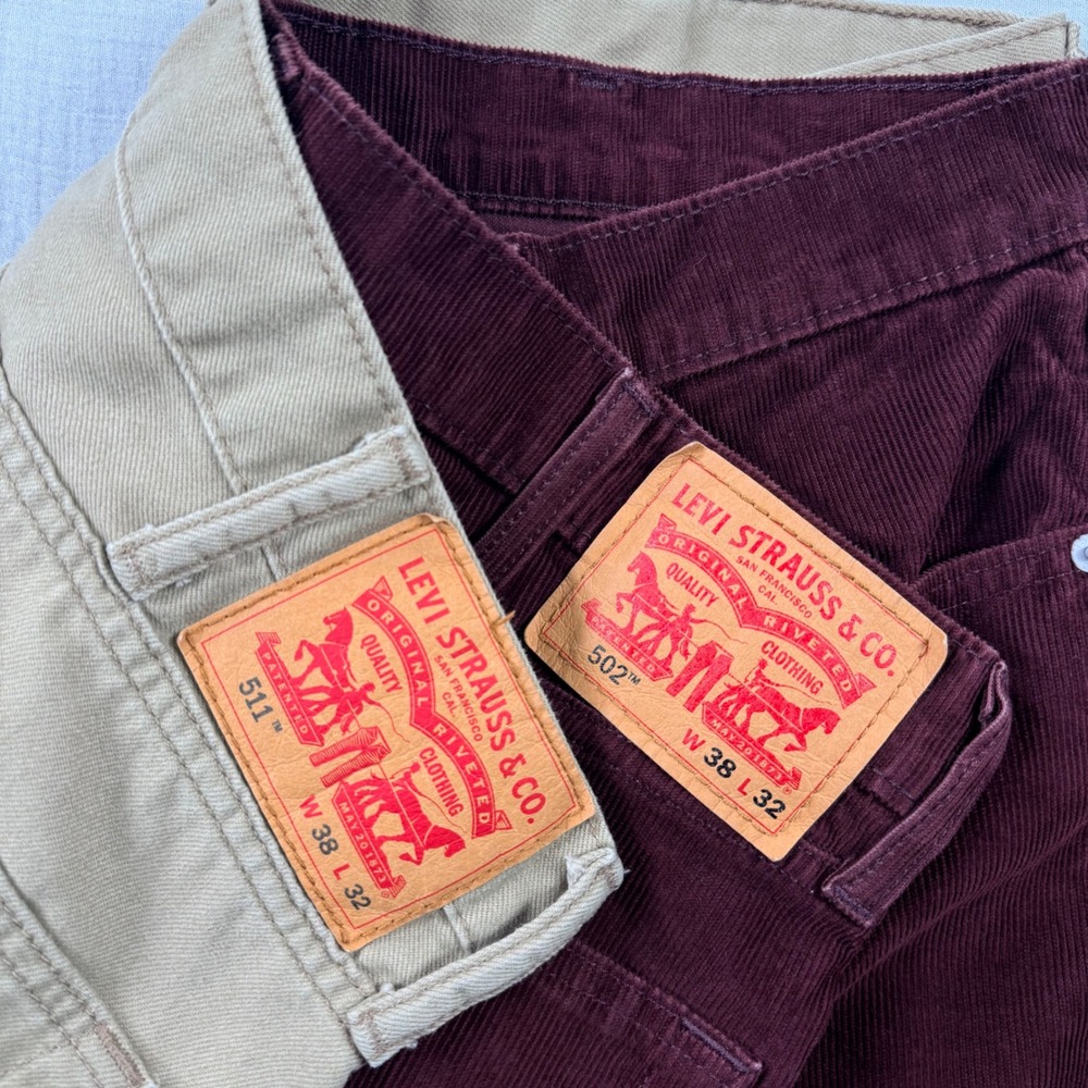 Lot of 2 Mens Levi Pants‎ 38x32 (36x31) 511 Slim Tan 502 Taper Corduroy Burgundy